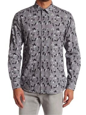 NOIZE Amsterdam Black Grey Puzzle Camo Print Casual Button Down Shirt Men's M